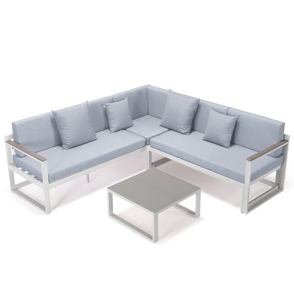 Leisuremod Chelsea White Sectional With Adjustable Headrest & Coffee Table With Light Grey Cushions CSLW-80LGR